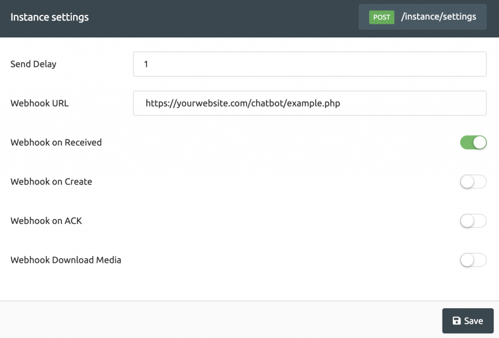 Establecer webhook de URL en la configuración de la instancia